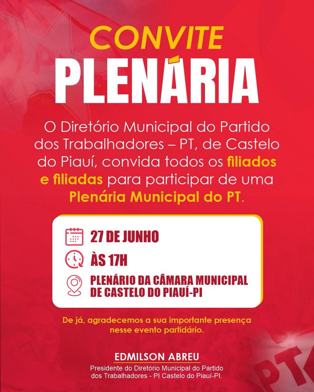 PT de Castelo do Piauí Convoca Filiados para Plenária Municipal